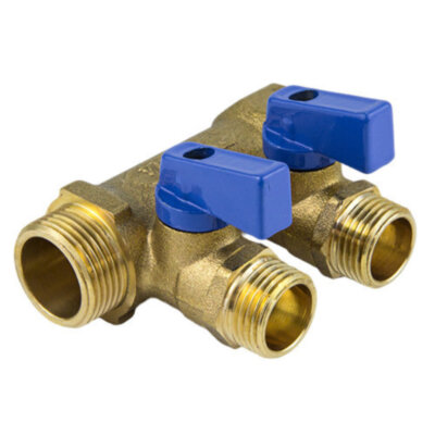 Коллектор латунный Aquasfera 9025 DN 15/20 PN 16 резьба - 3/4''x1/2''х3, с шаровыми кранами, резьбовой ВР-НР, ручка-флажок синяя, 9025-02