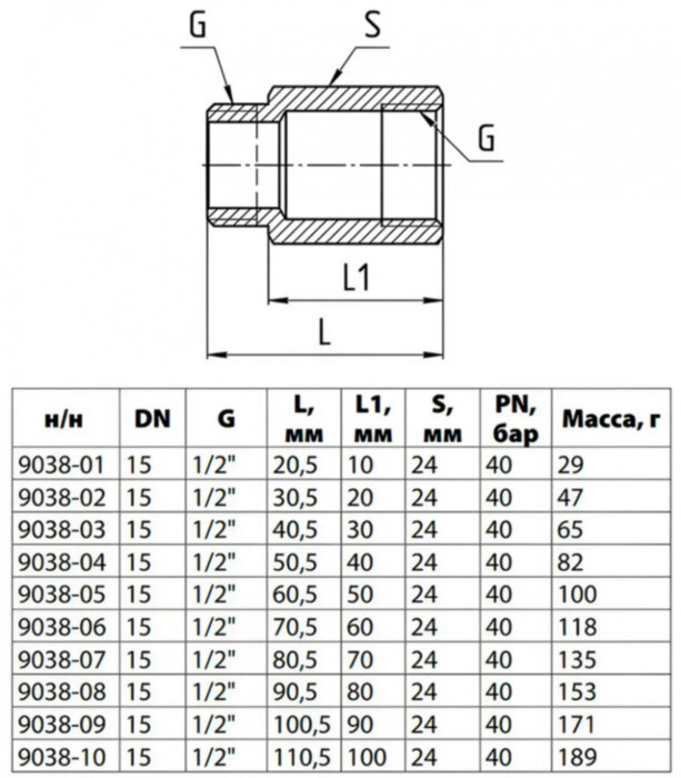 Удлинитель латунный Aquasfera 9038 DN 15 PN 40 резьба - 1/2'', покрытие - никель, L=20,5 мм, с наружным шестигранником, резьбовой ВР-НР, 9038-01
