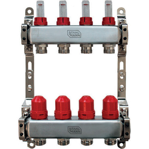 Коллекторная группа из нержавеющей стали Stahlmann SML0001/03403SS 1"x3/4" 3 выхода под евроконус с расходомерами