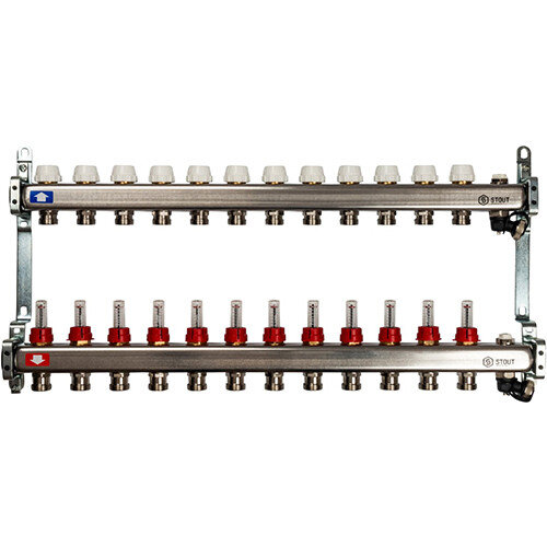 Коллектор STOUT с расходомерами с клапаном вып. воздуха и сливом 12 выходов