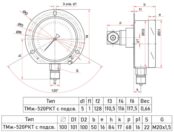 Мановакуумметр РОСМА ТМВж-520РКТ (-0,1...0,3 MПa) Дкорп=100мм кл. 1,5 M20x1,5 железнодорожный c LED-подсветкой, радиальный УТ-00043485