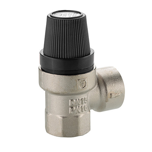 Клапан предохранительный VALTEC VT.0490.N.0415 1/2" DN 15 PN 10 пружинный с фиксированной настройкой 0,15 МПа, латунный с никелевым покрытием 9