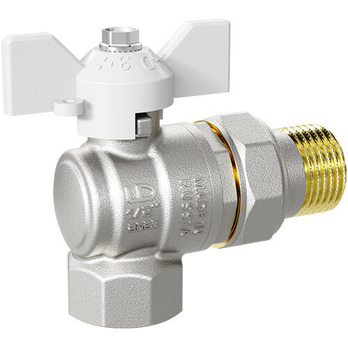 Кран шаровой латунный LD Pride 47.15.В-ГШ.У.Б Ду 15 Ру 40 резьба (ВР-НР) 1/2", никелированный угловой с белой бабочкой, неполнопроходный