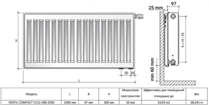 Радиатор панельный Royal Thermo VENTIL COMPACT VC22-300-2500 RAL9016