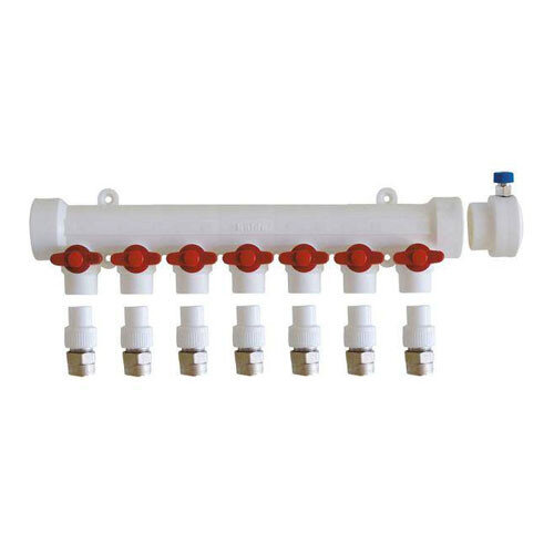 Коллектор распределительный Kalde 3272-mnr-400720 7 отводов DN 40 PN 25 с шаровыми кранами красная рукоятка воздухоотводчик