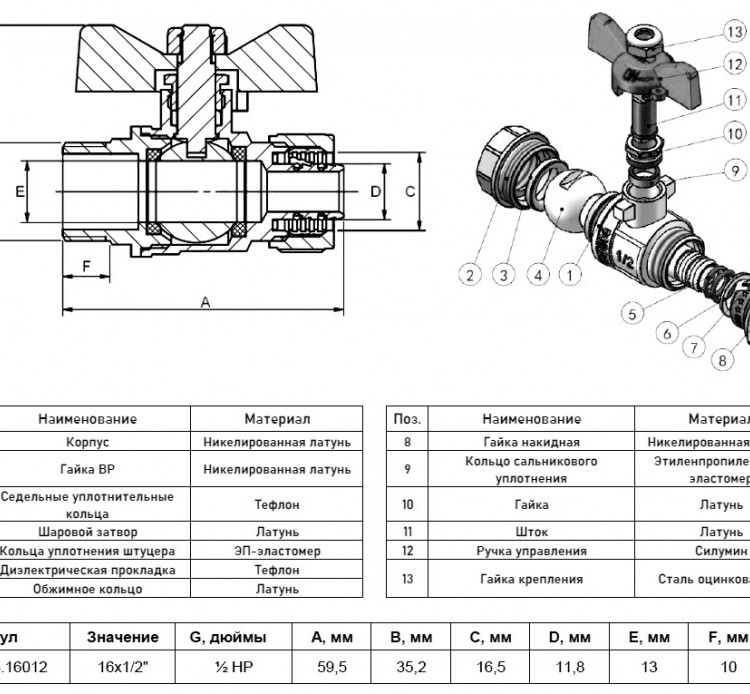 Кран шаровой обжимной VALFEX VF.341.NB Ду 16 НР 1/2" Ру 25 никелированный латунный, ручка-бабочка 2