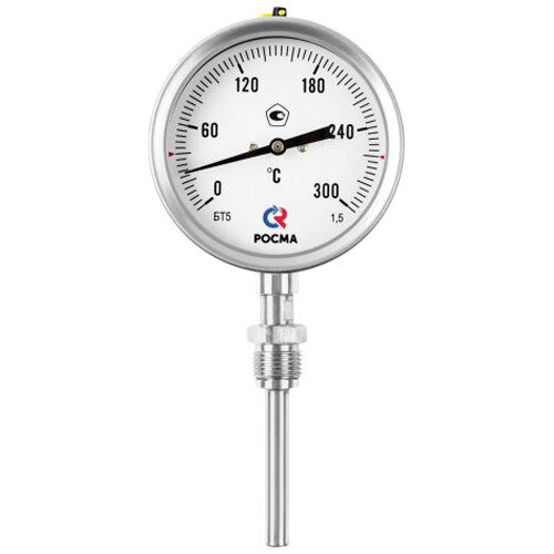 Термометр РОСМА БТ-52.220-300-СН Дкорп=100мм 10 МПа кл. 1,5 G1/2" Траб = 0...+500°C биметаллический коррозионностойкий со свободной наружной резьбой УТ-00048178