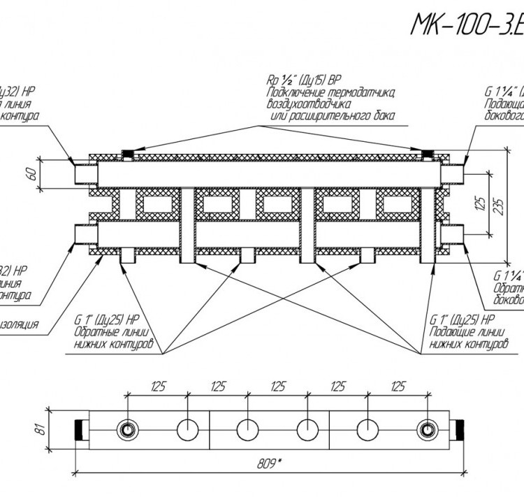 Коллектор распределительный GIDRUSS MK-100-3.EPP 3-х контурный НР 1 1/4"x1" Ду 32 Ру 6 модульный в термоизоляции 3