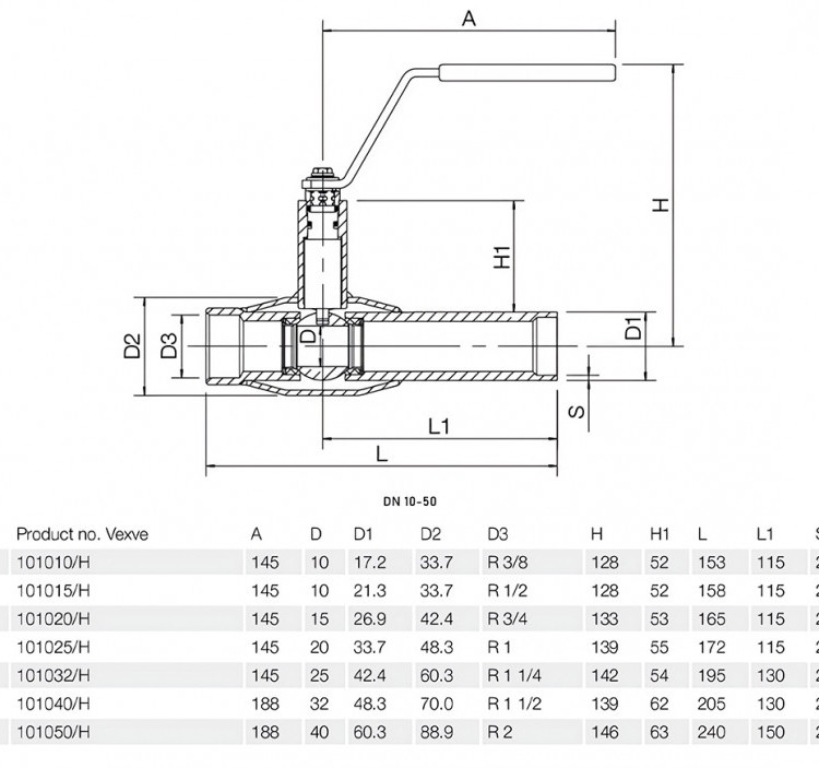 Кран шаровой Vexve 101/H040 DN 40 PN 40 стальной стандартнопроходный под приварку для жидкости, ручка-рычаг 2