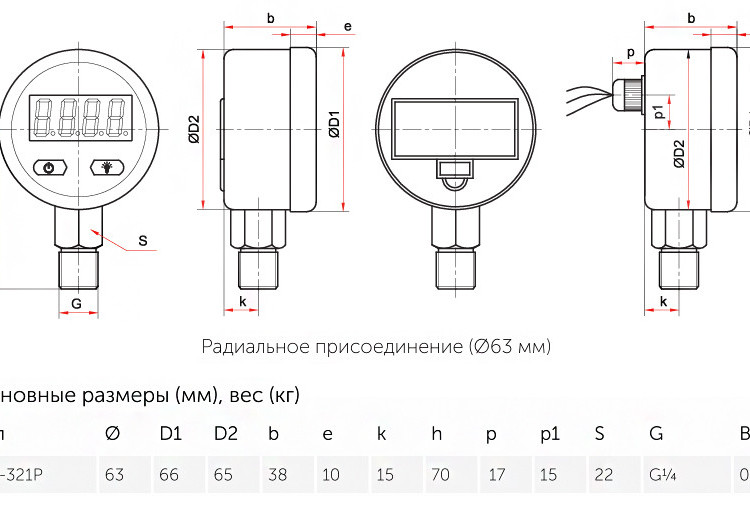 Манометр РОСМА ЦМ-И-321Р (0...10 MПa) Дкорп=63мм кл. 1,0 G1/4" цифровой радиальный, элементы питания 00000041775 5