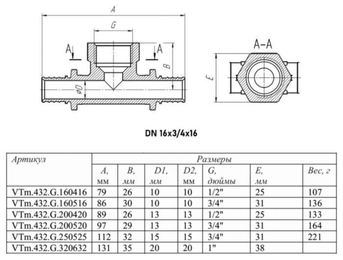 Тройник переходной VALTEC VTm.432.G ВР 3/4" DN 16x20x16 PN 16 латунный