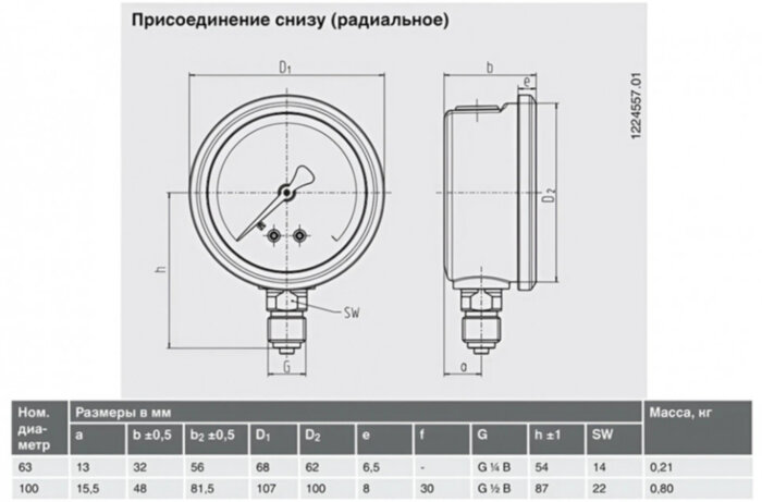 Манометр гидрозаполненный 213.53.100 радиальный Дк100мм 0-10 бар кл.1,0 G1/2" глицерин Wika 36495136