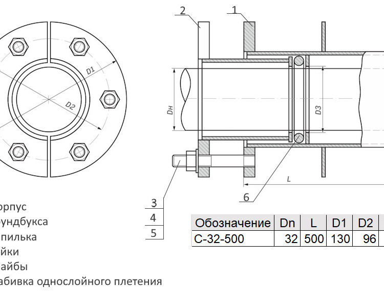 Сальник нажимной С-32-500 ТММ 18-03 Ду 32 L=500мм 2