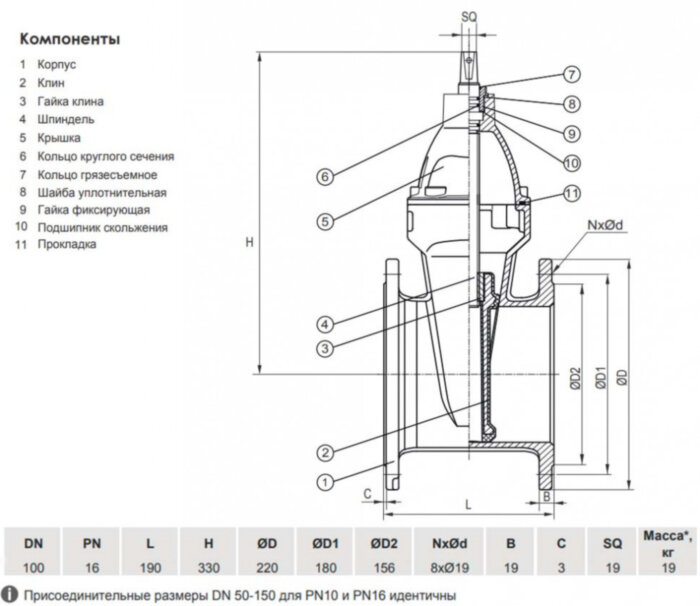 Задвижка VGA D17.04 DN 100 PN 16 L=190 мм фланцевая клиновая чугунная с маховиком с обрезиненным клином