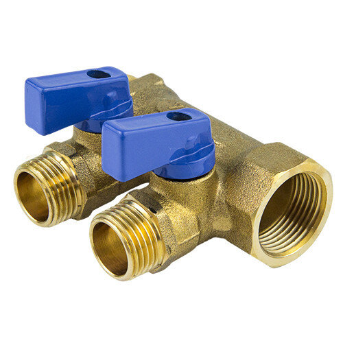 Коллектор латунный Aquasfera 9025 DN 15/20 PN 16 резьба - 3/4''x1/2''х4, с шаровыми кранами, резьбовой ВР-НР, ручка-флажок синяя, 9025-03