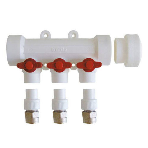 Коллектор распределительный Kalde 3262-mnr-400820 8 отводов DN 40 PN 25 с шаровыми кранами красная рукоятка