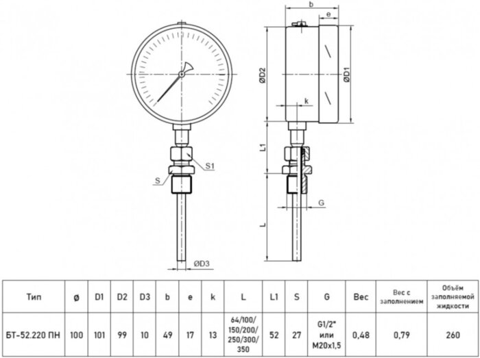Термометр РОСМА БТ-52.220-150-ПН Дкорп=100мм 10 МПа кл. 1,5 G1/2" Траб = 0...+160°C биметаллический коррозионностойкий с перемещаемой наружной резьбой УТ-00054876