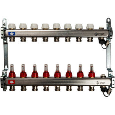 Коллектор STOUT с расходомерами с клапаном вып. воздуха и сливом 8 выходов