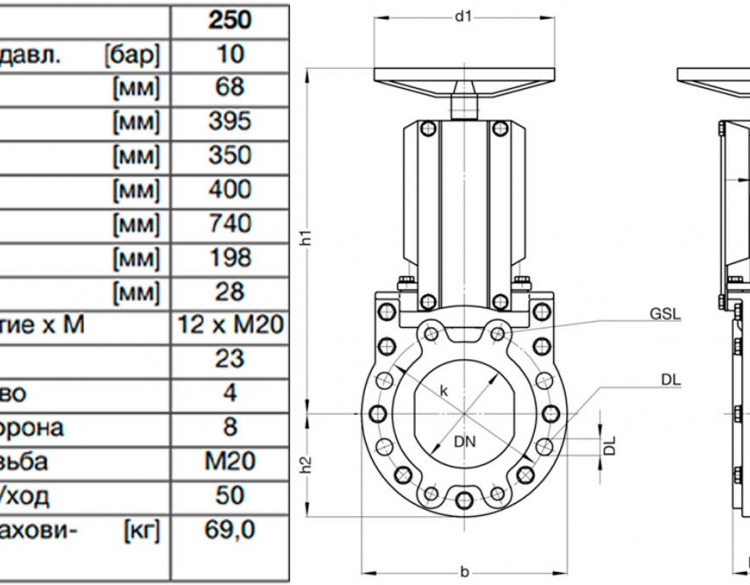 Задвижка шиберная ножевая VAG ZETA DN 250 PN 10 со штурвалом 2