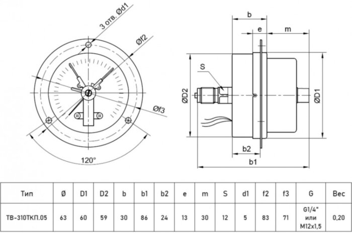 Вакуумметр РОСМА ТВ-310ТКП.05 (-0,1...0 МПа) Дкорп=63мм кл. 2,5 G1/4" общетехнический с ЭКП и передним фланцем, осевой 00000031987