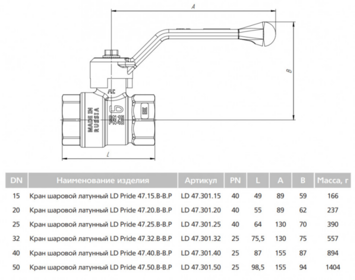 Кран шаровой латунный LD Pride 47.50.В-В.Р Ду 50 Ру 25 резьба (ВР-ВР) 2", никелированный с белым рычагом, неполнопроходный