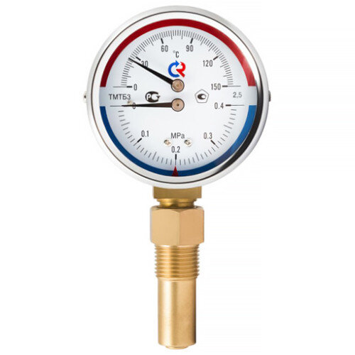 Термоманометр РОСМА ТМТБ-31Р.2 (0...0,4 МПа) Дкорп=80мм L=64мм кл. 2,5 G1/2" Траб = 0...+150°C радиальный 00000030698