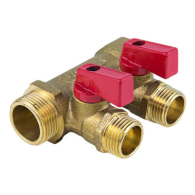 Коллектор латунный Aquasfera 9026 DN 15/20 PN 16 резьба - 3/4''x1/2''х3, с шаровыми кранами, резьбовой ВР-НР, ручка-флажок красная, 9026-02