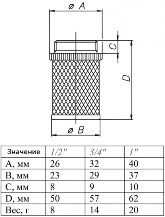 Фильтр сетчатый VALTEC VT.157.0.04 1/2'' DN 15 для обратного клапана