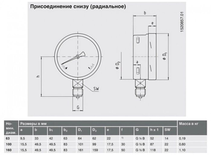 Манометр газовый 612.20.100 радиальный Дк100мм 0-60 мбар кл.1,6 G1/2" Wika 40199592