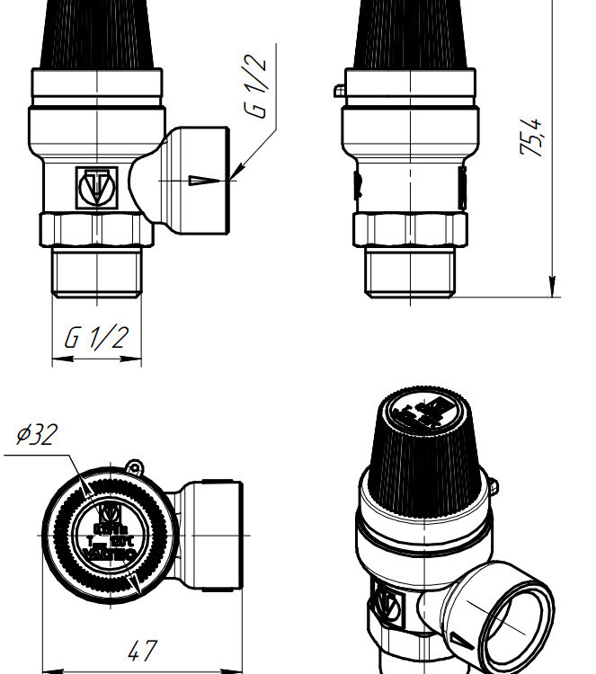 Клапан предохранительный VALTEC VT.0496.N.0430 1/2" DN 15 PN 10 пружинный с фиксированной настройкой 0,3 МПа, латунный с никелевым покрытием 2