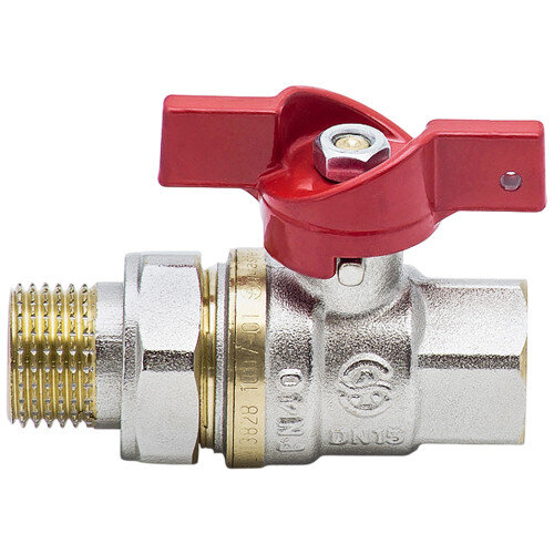 Кран шаровой латунный Aquasfera EURO 1007 DN 15 PN 40 резьба - 1/2'', покрытие - никель, полнопроходной резьбовой ВР-НР с американкой, ручка-бабочка красная 1007-01