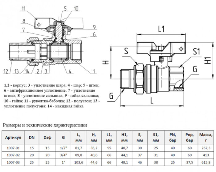 Кран шаровой латунный Aquasfera EURO 1007 DN 15 PN 40 резьба - 1/2'', покрытие - никель, полнопроходной резьбовой ВР-НР с американкой, ручка-бабочка красная 1007-01