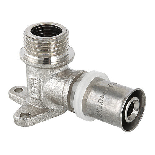 Угольник 90 градусов VALTEC VTm.255 НР 1/2" DN 16x15 PN 10 с креплением латунный никелированный