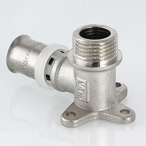 Угольник 90 градусов VALTEC VTm.255 НР 1/2" DN 16x15 PN 10 с креплением латунный никелированный