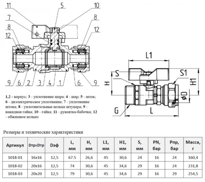Кран шаровой латунный для МП трубы Aquasfera EURO 1018 DN 16х16 PN 16 покрытие - никель, неполнопроходной компрессионный, ручка-бабочка красная 1018-01