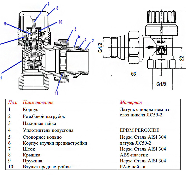 Клапан радиаторный Valtec VT.037 1/2" М30х1,5 DN 15 PN 10 угловой с преднастройкой 2