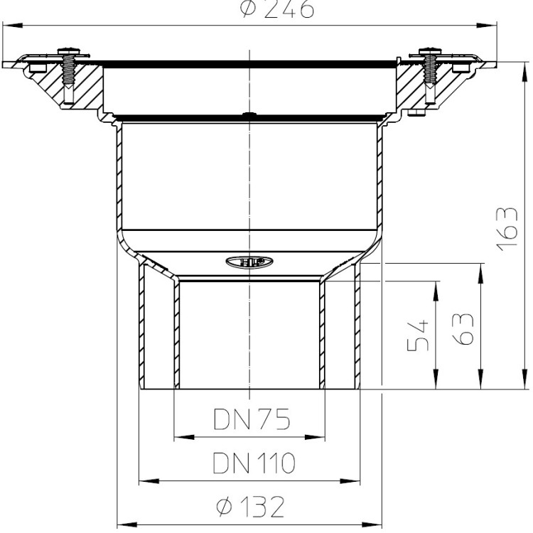 Корпус трапа HL3100TK DN75/110 вертикальный выпуск, монтажная заглушка, фиксаторы 2