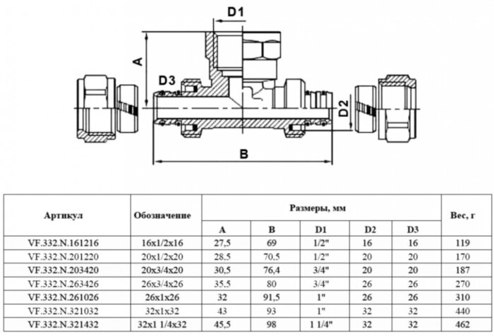 Тройник обжимной VALFEX VF.332.N ВР 1" Ду 32 Ру 25 переход на внутреннюю резьбу, никелированный латунный