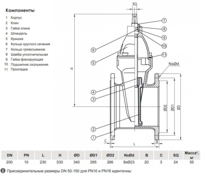Задвижка VGA D17.04 DN 200 PN 10 L=230 мм фланцевая клиновая чугунная с маховиком с обрезиненным клином