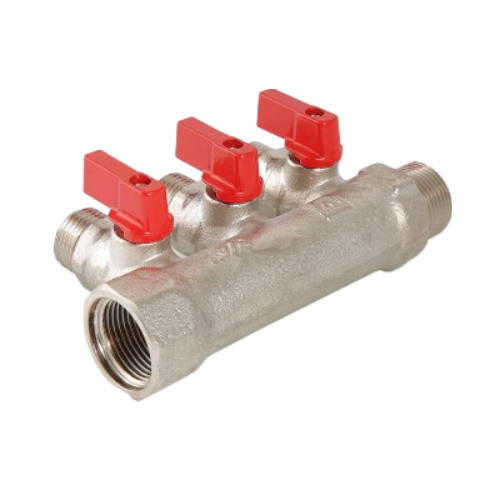 Коллектор распределительный VALTEC VTc.580.N.0502 2 отвода ВР-НР 3/4"x1/2" DN 20 PN 10 с шаровыми кранами красная рукоятка