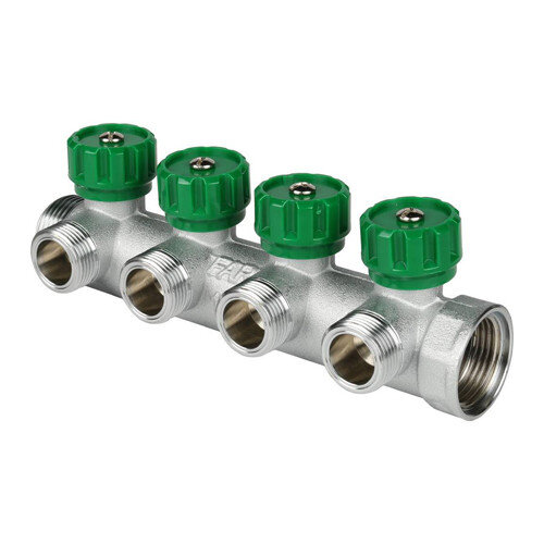 Коллектор распределительный FAR FK 3824 4 отвода ВР-НР 1"х1/2" DN 25 PN 16 с регулирующими клапанами плоское уплотнение