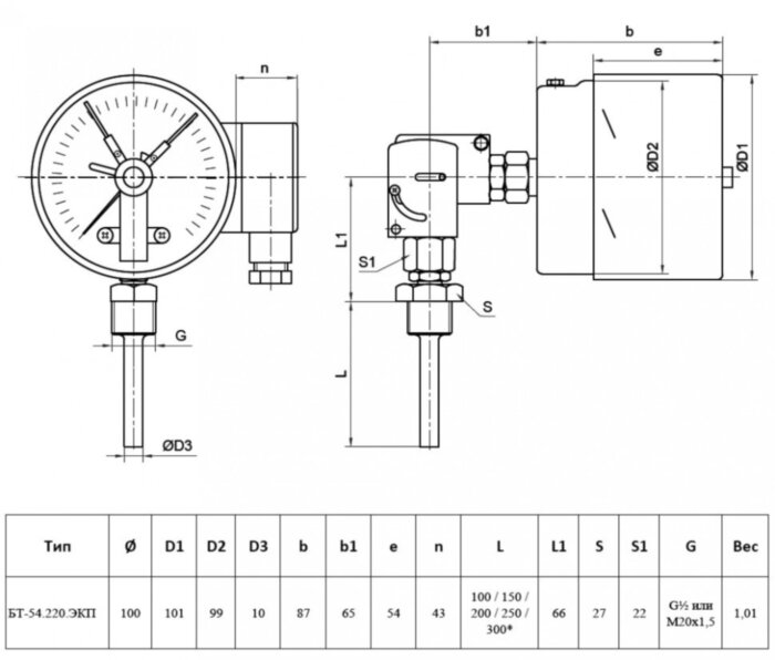 Термометр РОСМА БТ-54.220-150 ЭКП 4 Дкорп=100мм 10 МПа кл. 1,5 G1/2" Траб = 0...+160°C биметаллический коррозионностойкий с ЭКП универсальный УТ-00048726