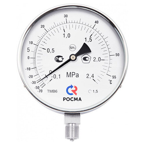 Мановакуумметр РОСМА ТМВ-511Р.00 NH3 (-0,1...2,4 MПa) Дкорп=100мм кл. 1,5 G1/2" аммиачный радиальный 00000007208