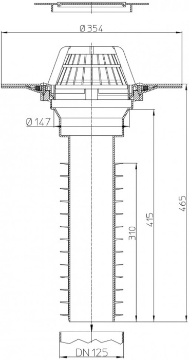 Корпус кровельной воронки HL69P/2-K DN125 вертикальный выпуск, плоский фланец ПВХ
