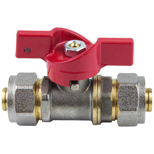 Кран шаровой латунный для МП трубы Aquasfera EURO 1018 DN 20х16 PN 16 покрытие - никель, неполнопроходной компрессионный, ручка-бабочка красная 1018-02
