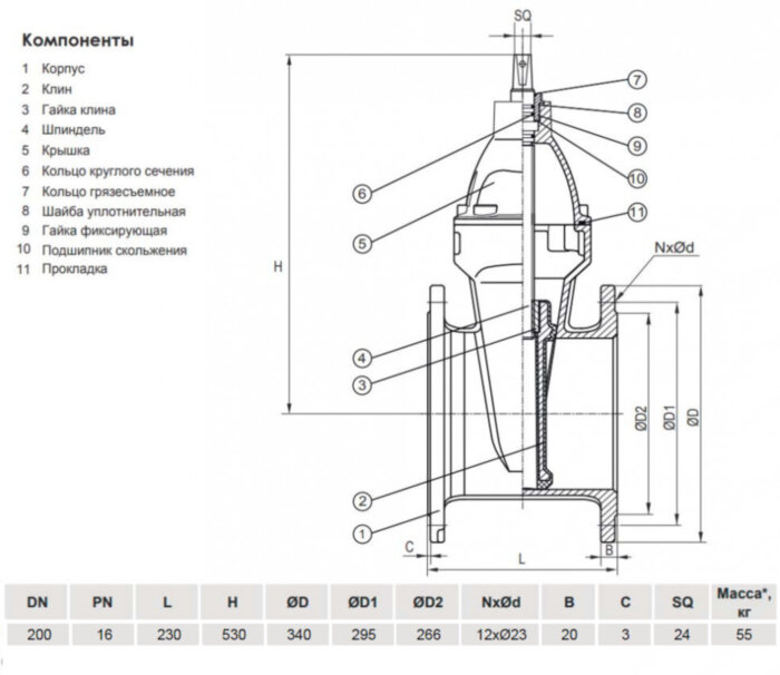 Задвижка VGA D17.04 DN 200 PN 16 L=230 мм фланцевая клиновая чугунная с маховиком с обрезиненным клином