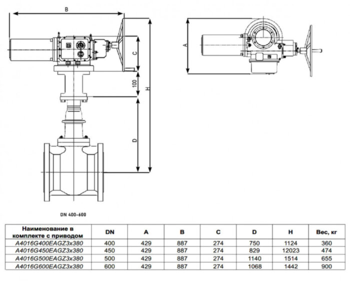 Задвижка клиновая ABRA A40-G-BS F4 DN 400 чугунная фланцевая с электроприводом