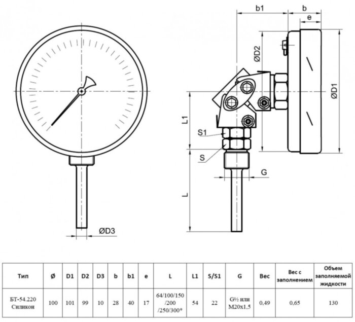 Термометр РОСМА БТ-54.220-100 Дкорп=100мм 10 МПа кл. 1,5 G1/2" Траб = -30...+50°C биметаллический коррозионностойкий готовый к гидрозаполнению, универсальный 00000042123