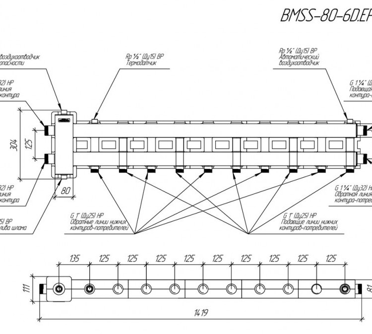 Коллектор распределительный GIDRUSS BMSS-80-6D.EPP 6-ти контурный НР 1 1/4"x1" Ду 32 Ру 6 балансировочный в термоизоляции 2