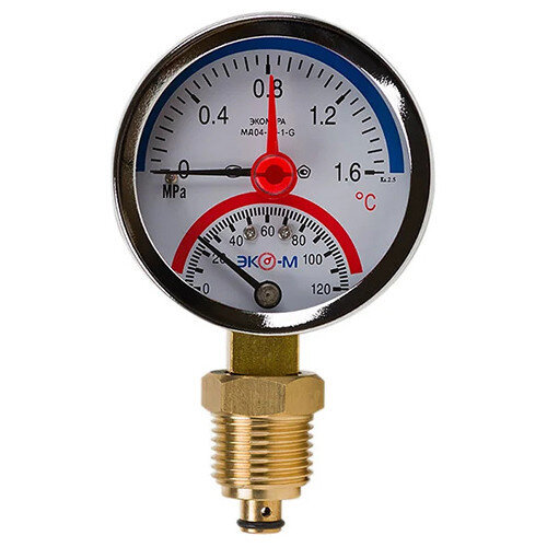 Термоманометр ЭКОМЕРА МД04-63 Ду 63 мм Ру 0-1,6 МПа Т 0-160C 1/4'' с переходником на 1/2''